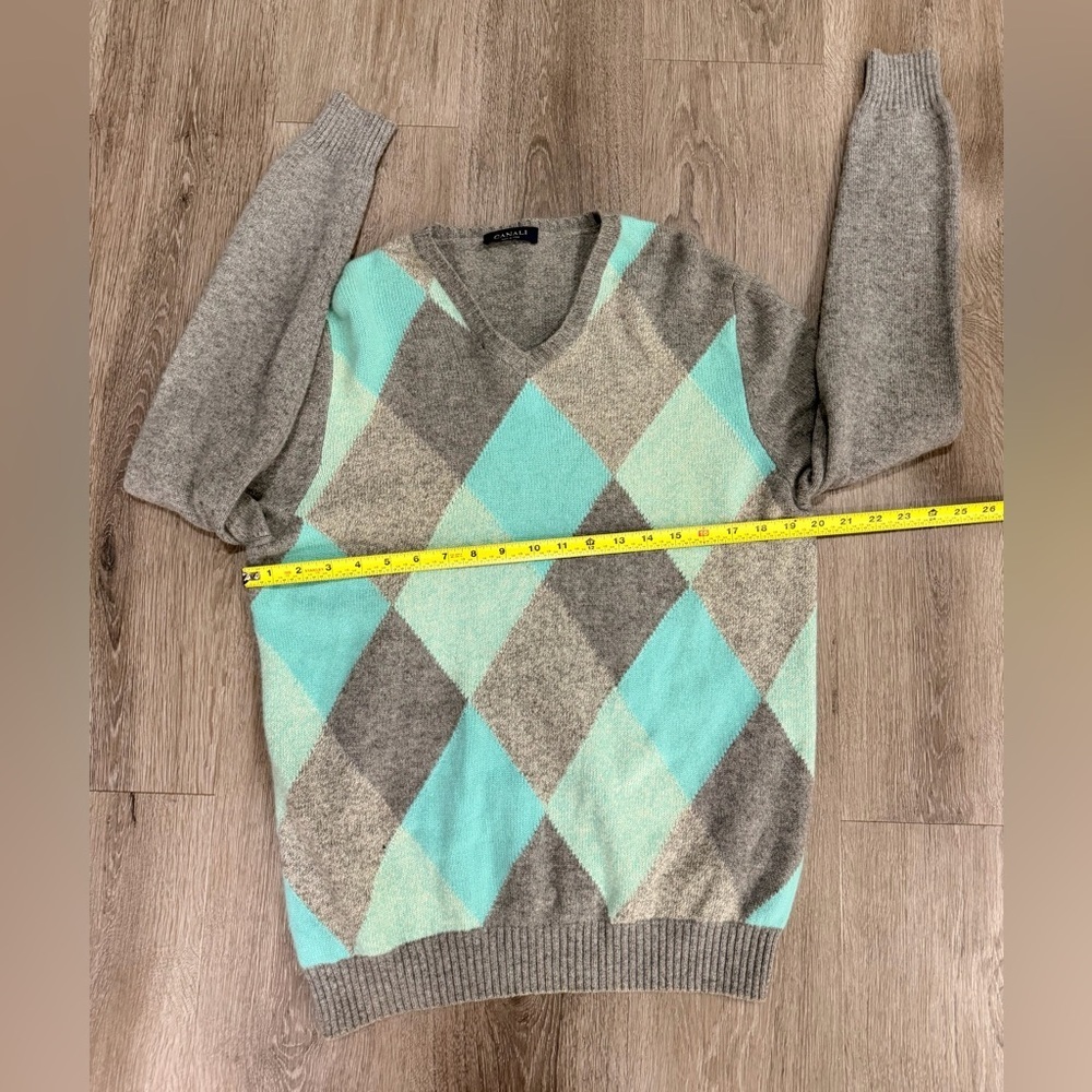 Canali Men's V-Neck Argyle Sweater in Gray and Aqua - Picture 4 of 10